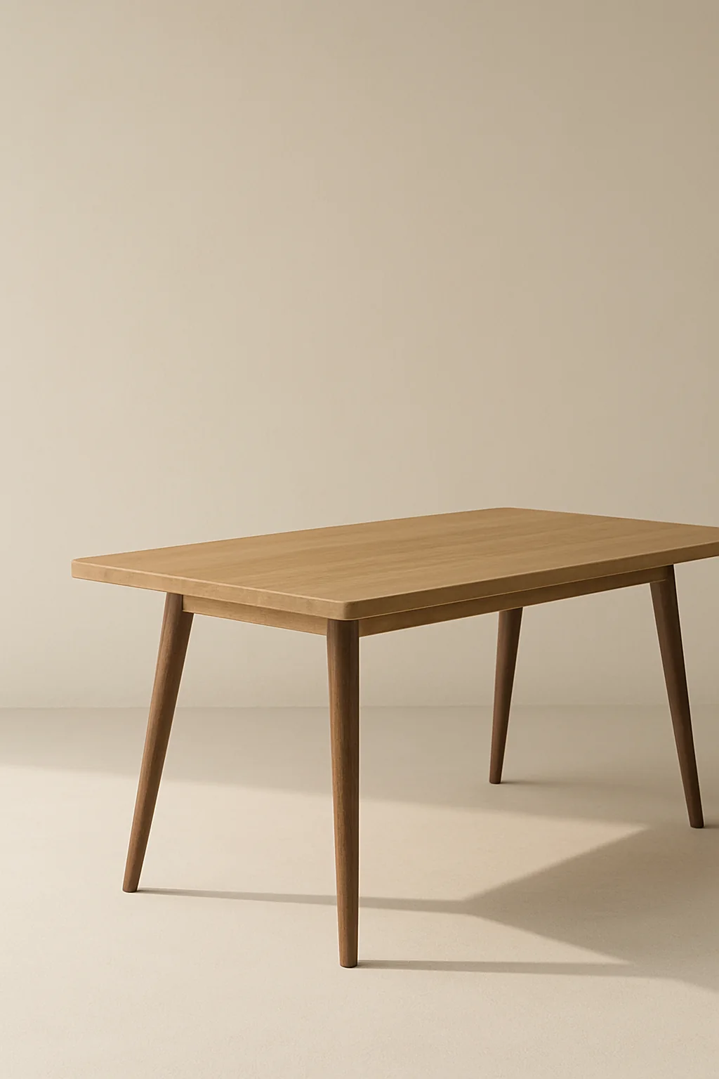 Mesa de comedor de roble macizo sobre fondo de estudio neutro