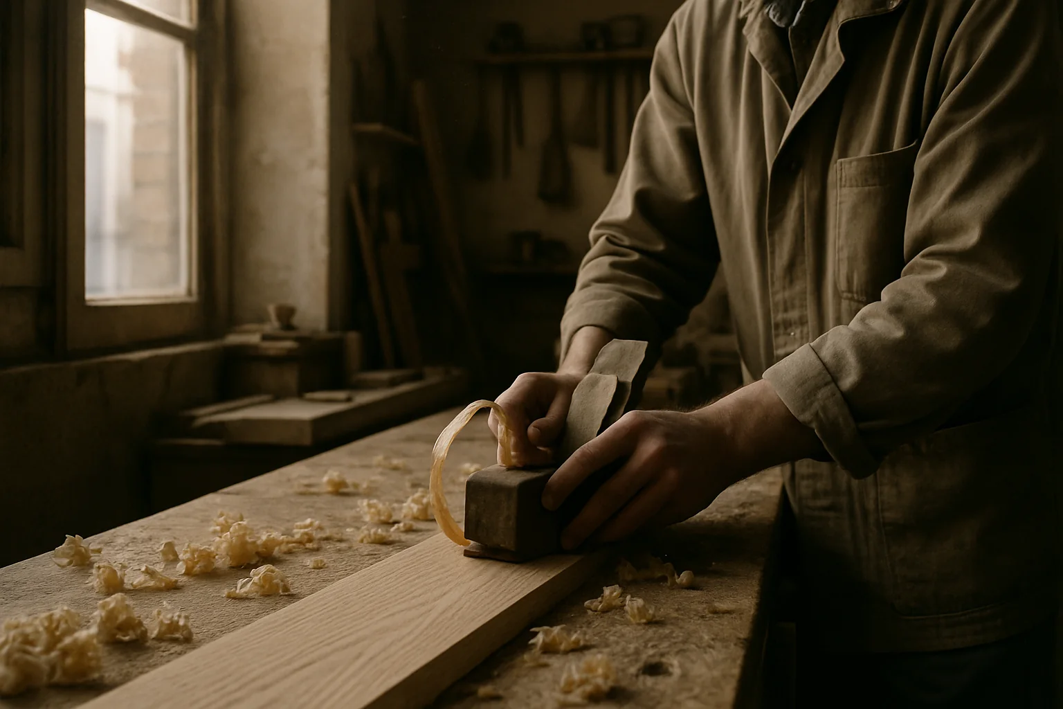 Manos cepillando a mano un tablón de roble en el taller