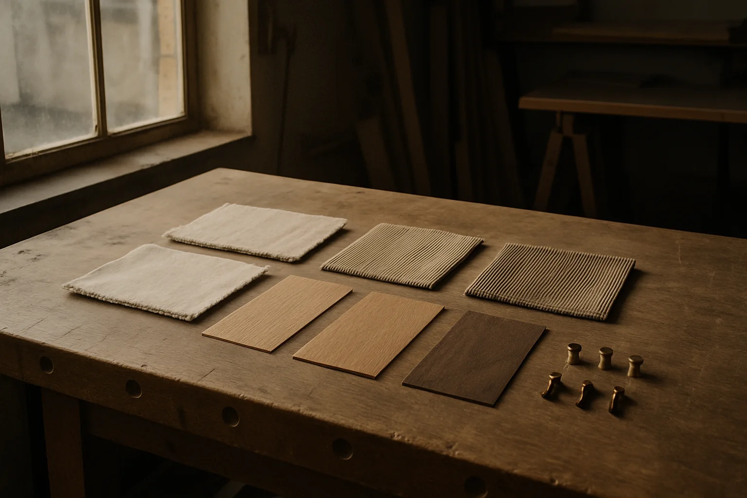 Muestrario de telas y chapas de madera sobre el banco de trabajo